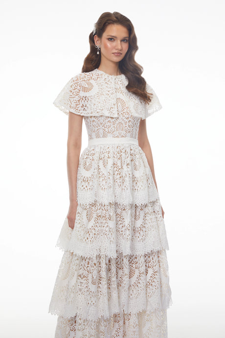 Mia Maxi Dress White Tiered Lace with Cape
