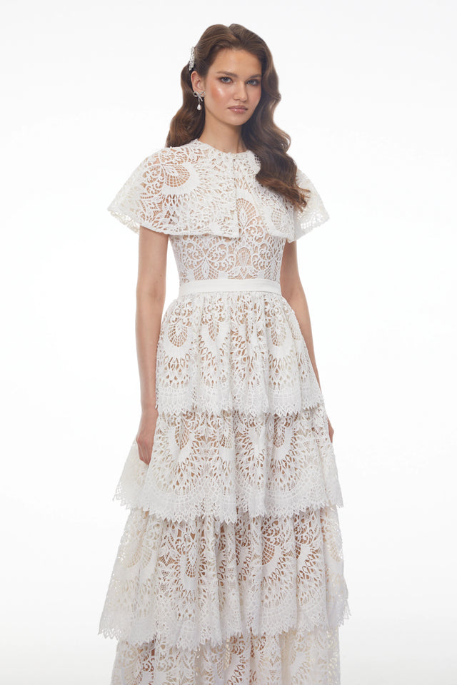 Homa White Tiered Lace Maxi Dress with Cape