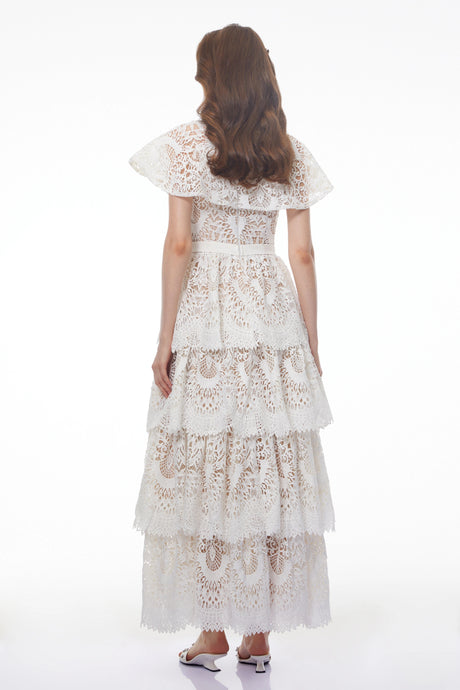 Mia Maxi Dress White Tiered Lace with Cape
