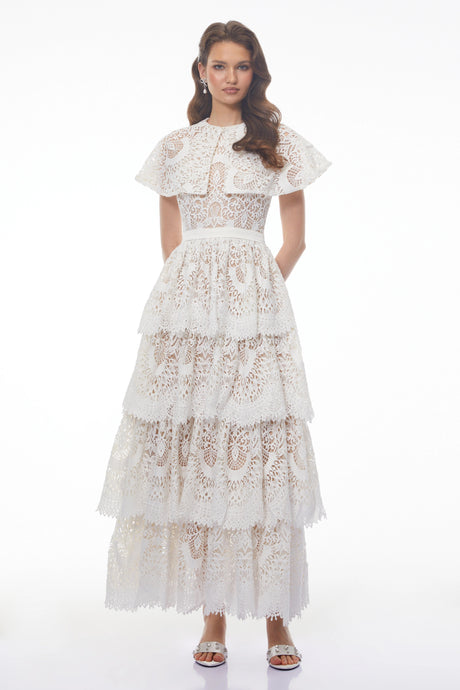 Mia Maxi Dress White Tiered Lace with Cape