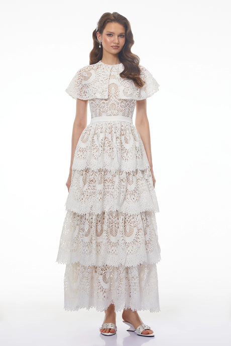 Mia Maxi Dress White Tiered Lace with Cape