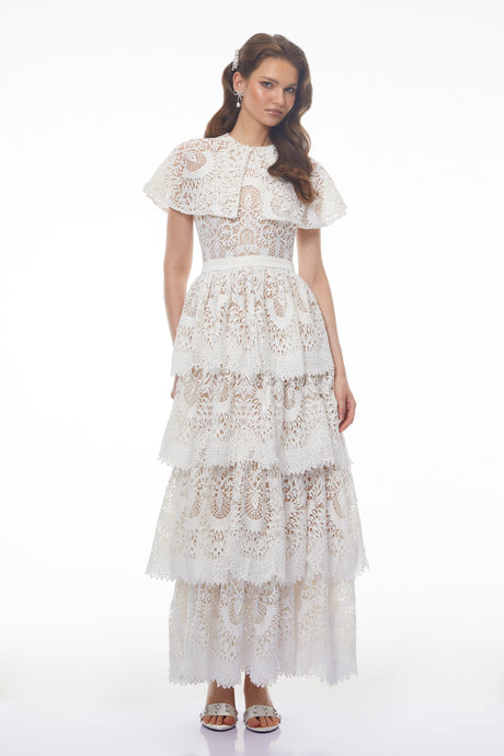 Mia Maxi Dress White Tiered Lace with Cape