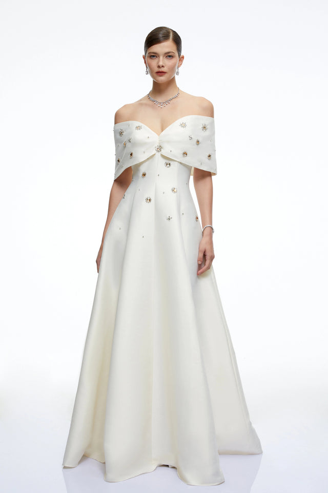 Honora Cream Beaded Off Shoulder Maxi Dress