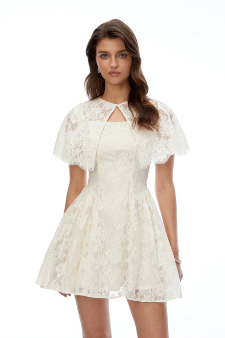 Piper Mini Dress Cream Lace with Cape