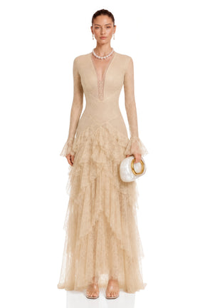 Humayma Beige Lace Tiered Midi Dress