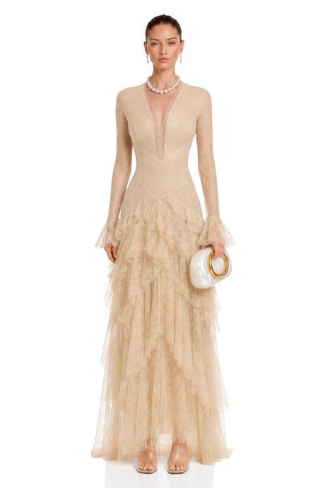 Brenna Midi Dress Beige Lace Tiered