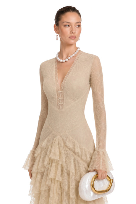 Brenna Midi Dress Beige Lace Tiered