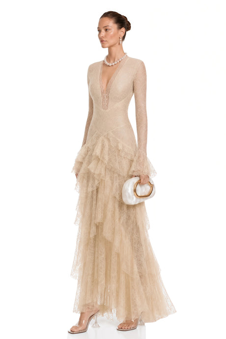 Brenna Midi Dress Beige Lace Tiered