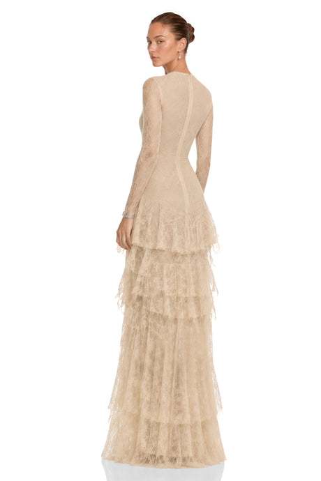 Brenna Midi Dress Beige Lace Tiered
