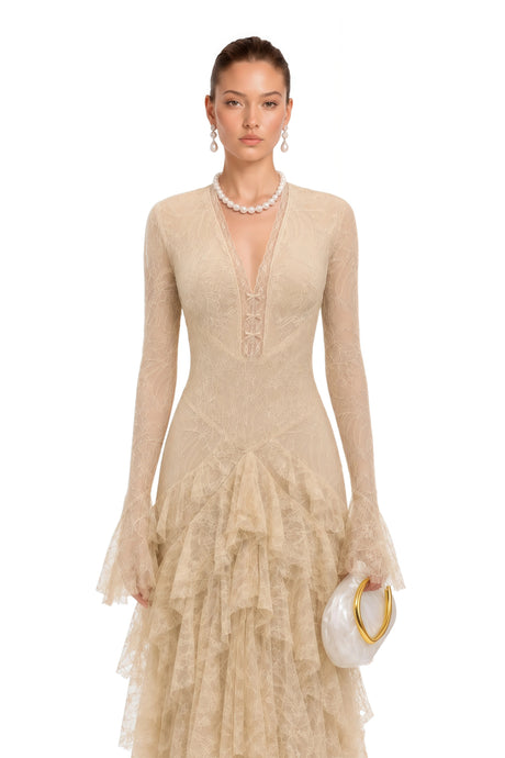 Brenna Midi Dress Beige Lace Tiered
