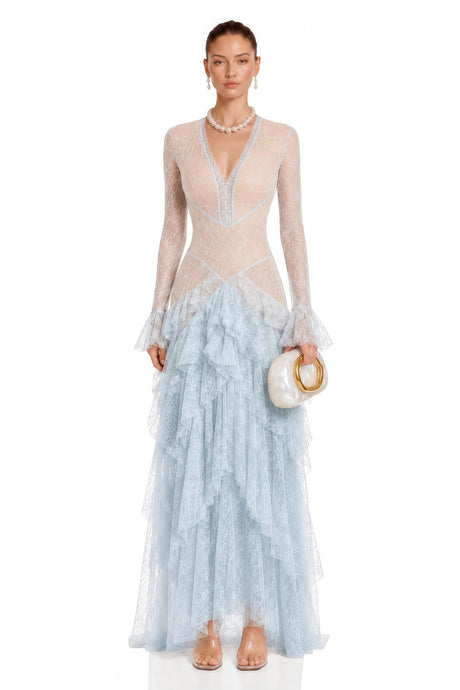 Silvana Midi Dress Blue Lace Tiered