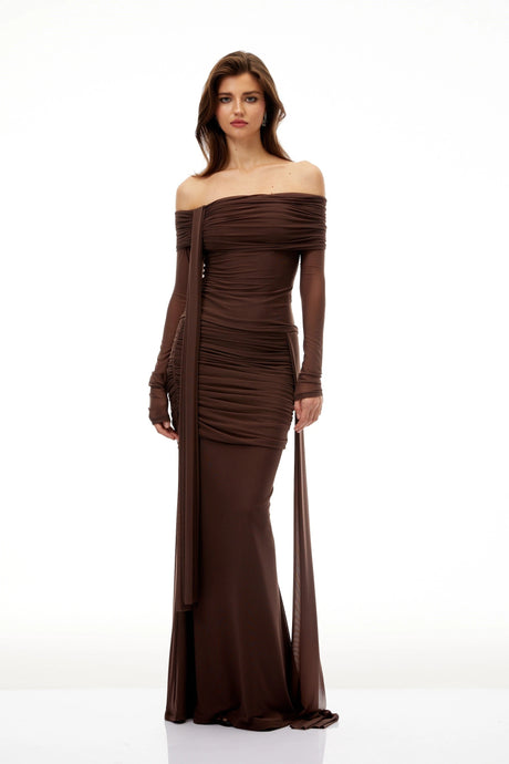 Miriam Brown Asymmetrical Ruched Top & Skirt Set