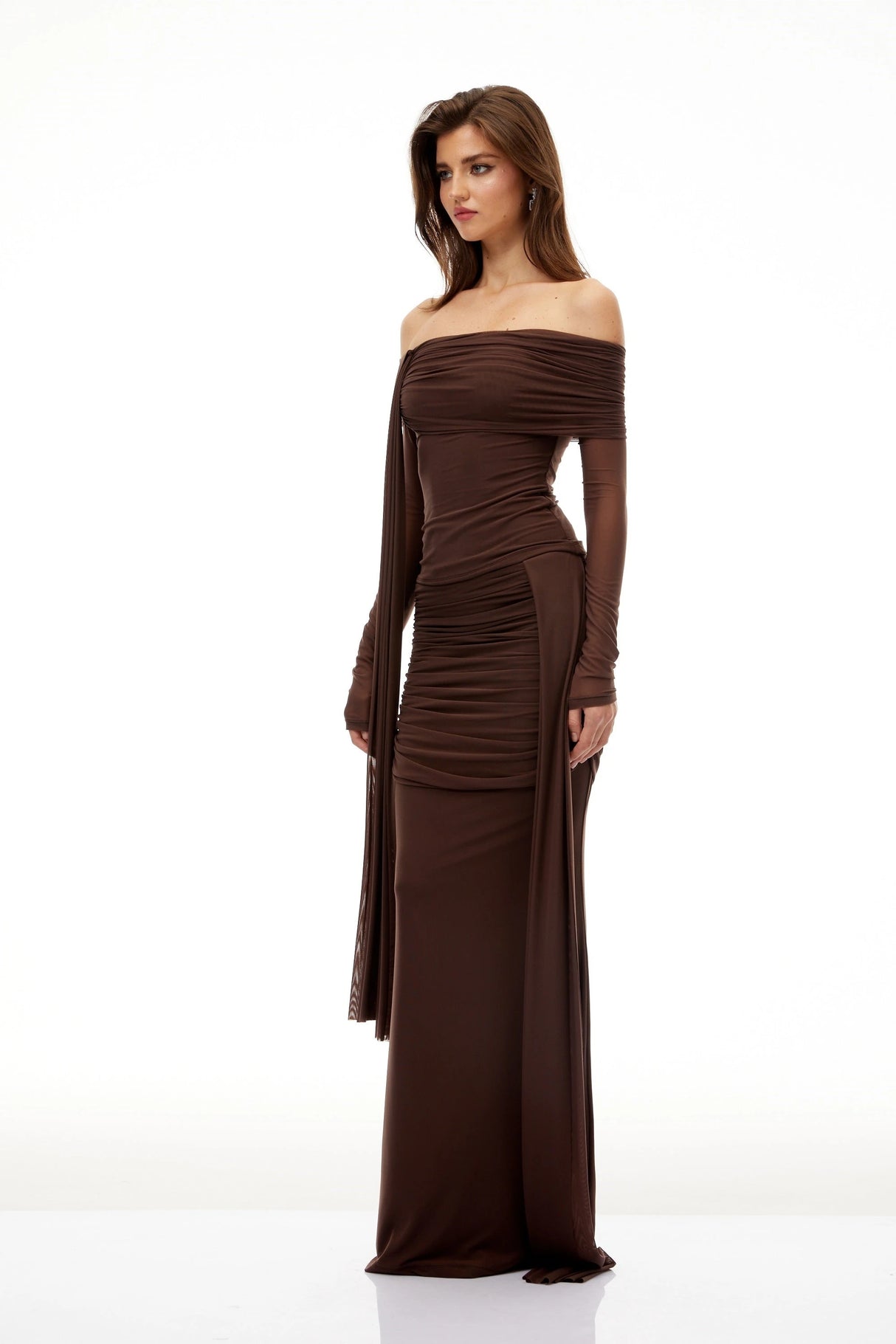 Hyacinthe Brown Asymmetrical Ruched Top  Skirt Set