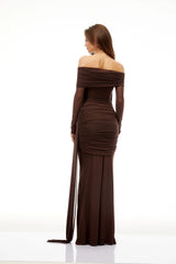 Hyacinthe Brown Asymmetrical Ruched Top  Skirt Set