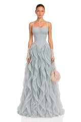 Ianthe Dusty Blue Ruffled Tulle Maxi Dress Without Gloves