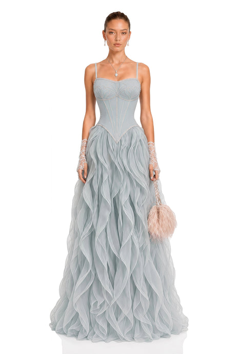 Francesca Maxi Dress Dusty Blue Ruffled Tulle (Without Gloves)
