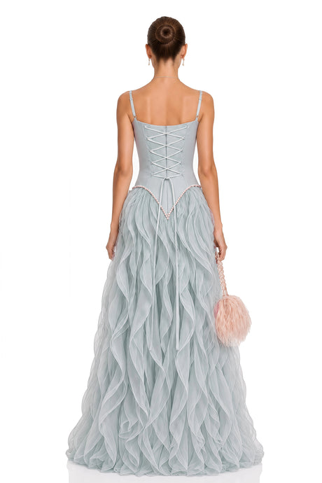 Francesca Maxi Dress Dusty Blue Ruffled Tulle (Without Gloves)