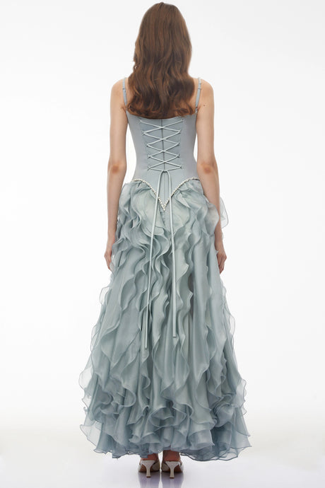 Nora Maxi Dress Dusty Blue Ruffled Tulle (Without Gloves)