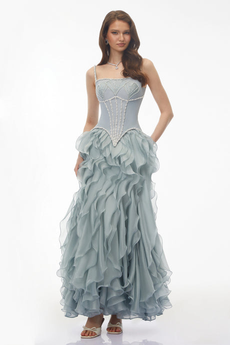 Nora Maxi Dress Dusty Blue Ruffled Tulle (Without Gloves)