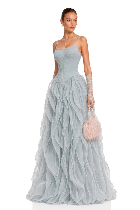 Francesca Maxi Dress Dusty Blue Ruffled Tulle (Without Gloves)