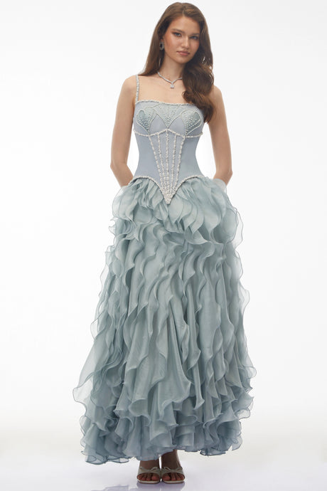 Nora Maxi Dress Dusty Blue Ruffled Tulle (Without Gloves)