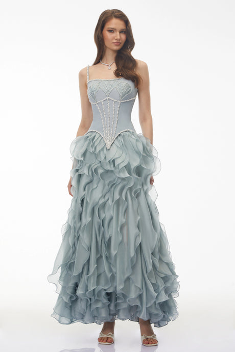 Nora Maxi Dress Dusty Blue Ruffled Tulle (Without Gloves)