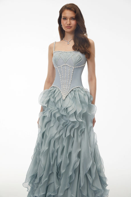 Nora Maxi Dress Dusty Blue Ruffled Tulle (Without Gloves)