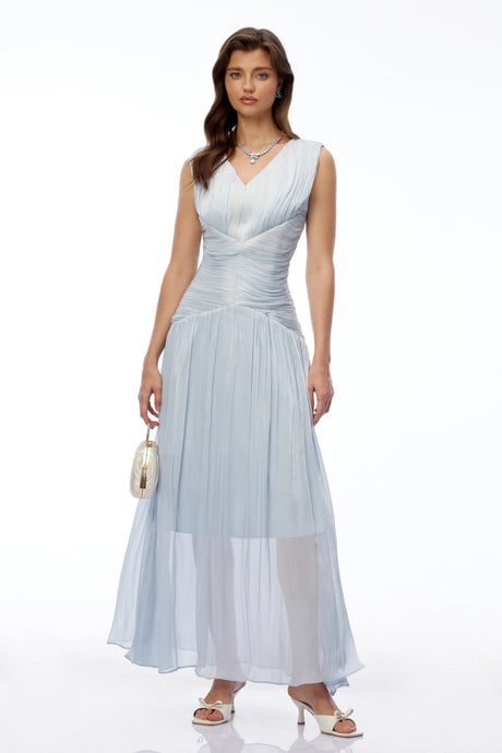 Perla Maxi Dress Light Blue V-Neck Ruched