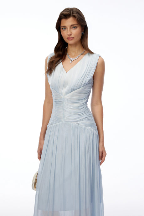 Perla Maxi Dress Light Blue V-Neck Ruched
