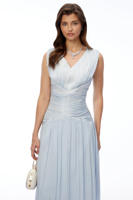 Perla Maxi Dress Light Blue V-Neck Ruched