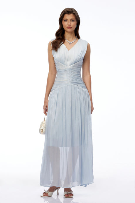 Perla Maxi Dress Light Blue V-Neck Ruched
