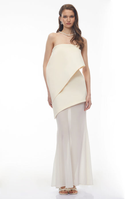 Irene Maxi Dress Ivory White Asymmetrical Mesh