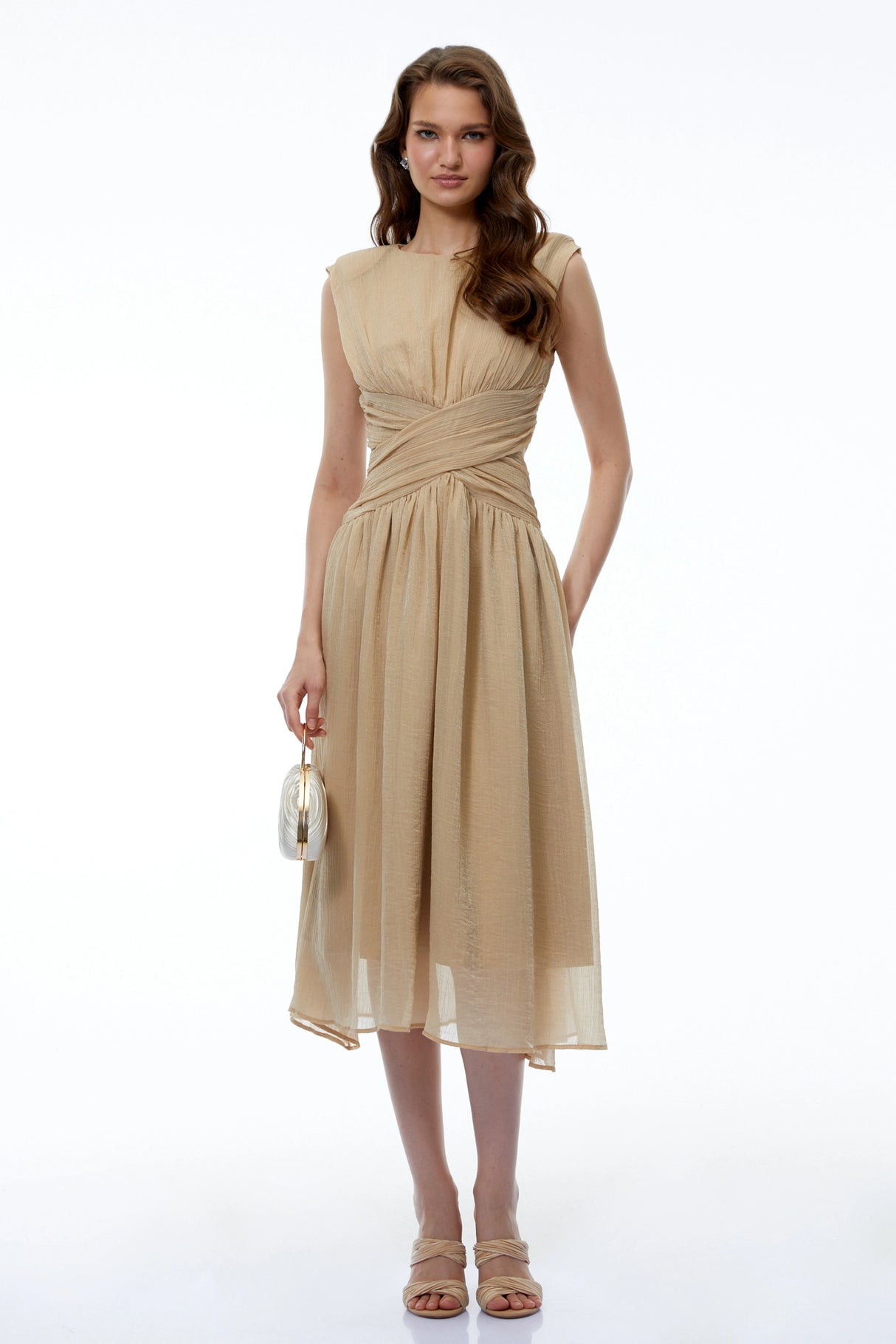 Ihaia Neutral Cross Front Ruched Midi Dress