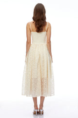 Ihaka Cream Sweetheart Lace Pleated Midi Dress