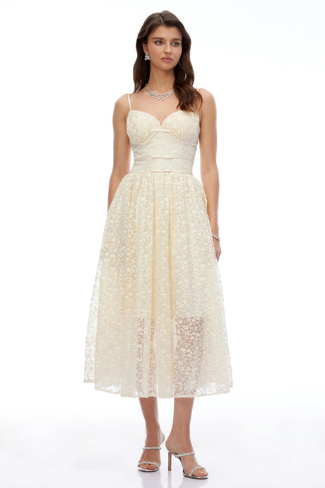 Kaitlyn Midi Dress Cream Sweetheart Lace Pleated