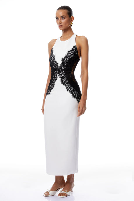 Kiara White & Black Halterneck Lace Panel Maxi Dress