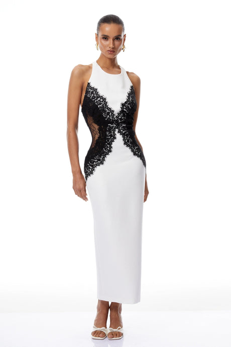 Kiara White & Black Halterneck Lace Panel Maxi Dress
