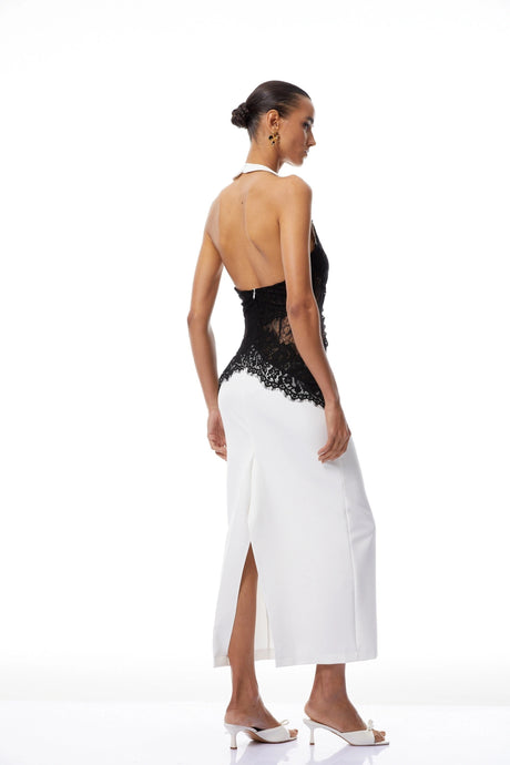Kiara White & Black Halterneck Lace Panel Maxi Dress