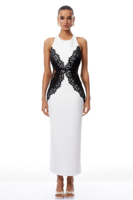 Kiara White & Black Halterneck Lace Panel Maxi Dress