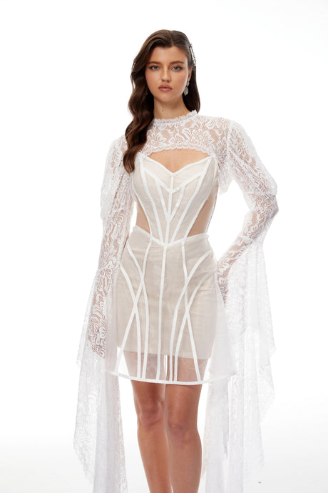 Jessica Dress White Lace Shrug & Linear Organza Set