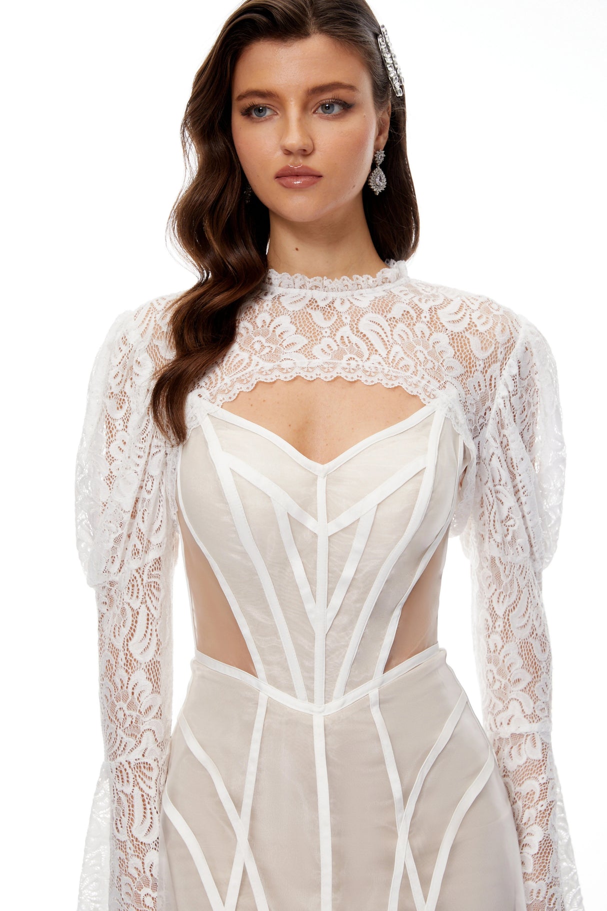 Ilaria White Lace Shrug  Linear Organza Dress Set