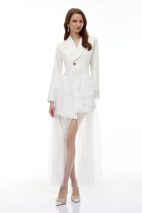 Assuntina Maxi Dress White Blazer with Ruffled Tulle