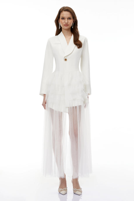 Assuntina Maxi Dress White Blazer with Ruffled Tulle