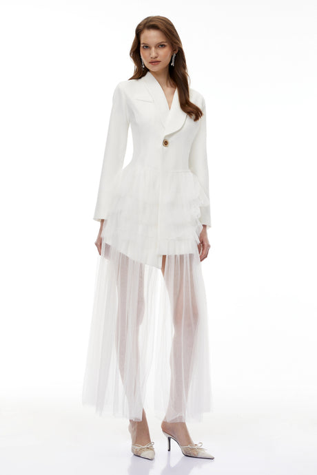 Assuntina Maxi Dress White Blazer with Ruffled Tulle