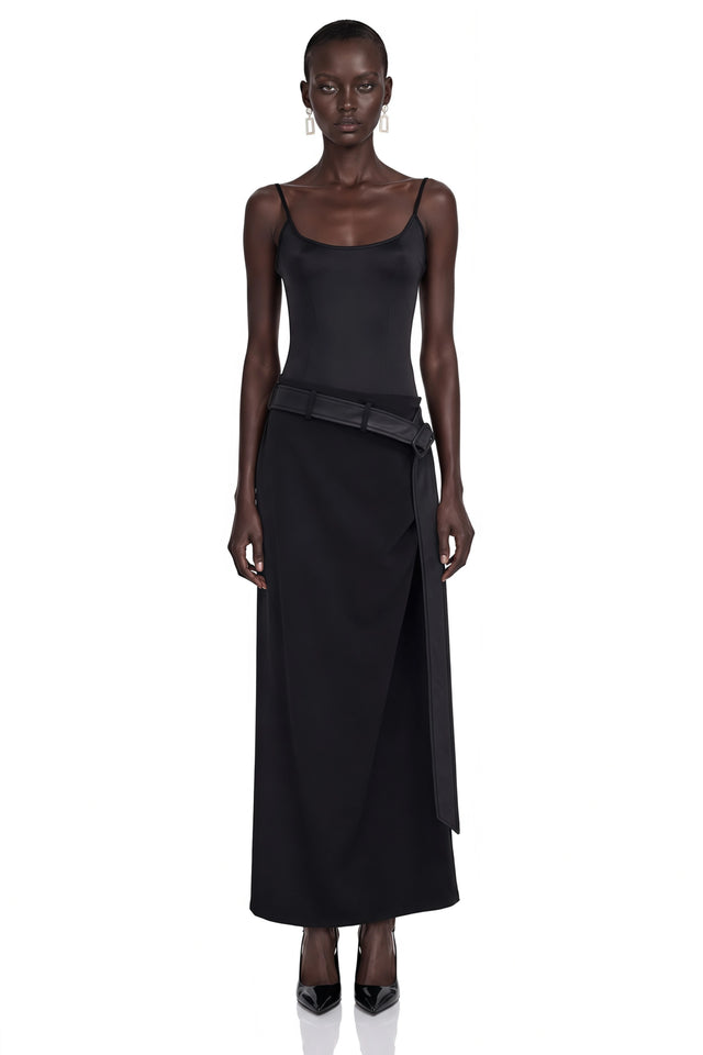 Ilona Black Satin Asymmetrical Maxi Dress