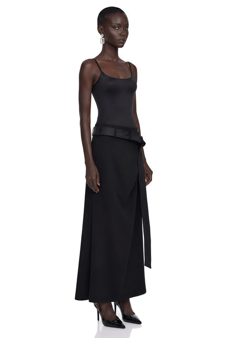 Cinzia Maxi Dress Black Satin Asymmetrical