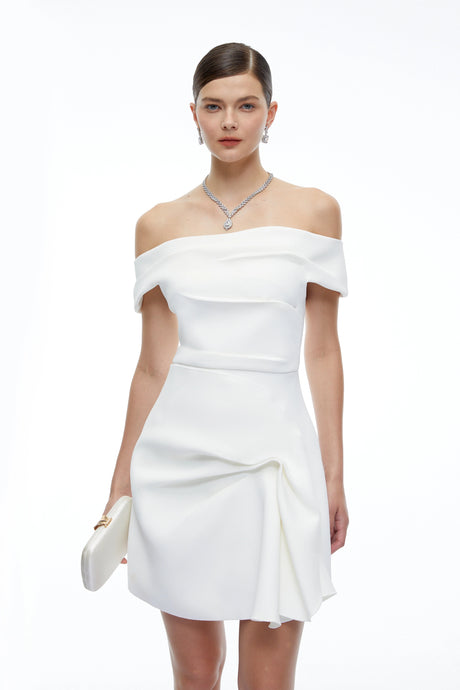 Perlina Mini Dress White Off Shoulder Draped with Ruffles