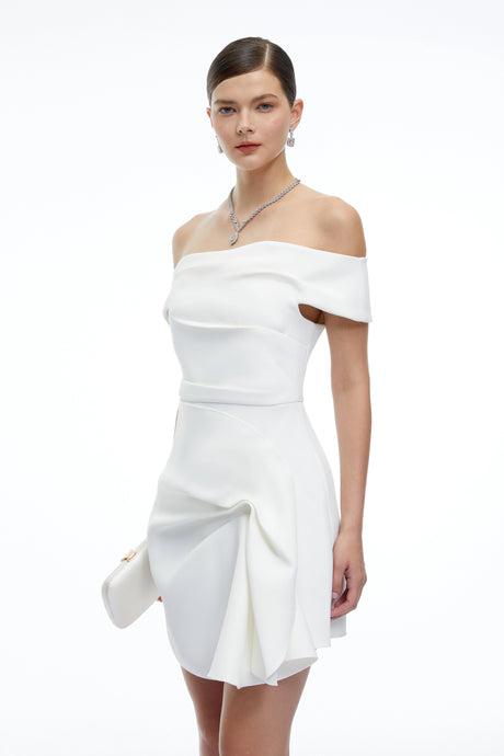 Perlina Mini Dress White Off Shoulder Draped with Ruffles