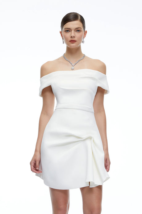 Perlina Mini Dress White Off Shoulder Draped with Ruffles