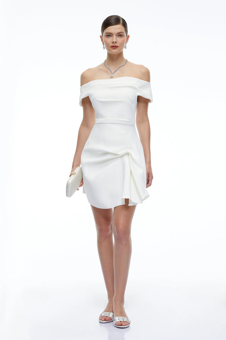 Perlina Mini Dress White Off Shoulder Draped with Ruffles
